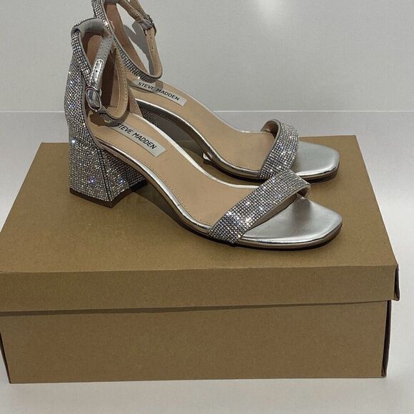 Steve Madden Women's Silver Spark Rhinestones Square Toe Strappy Block Heel Sz 8 - Picture 1 of 14